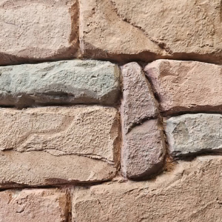 &Eacute;chantillon r&eacute;el de parement effet gr&egrave;s des Vosges sculpt&eacute; &agrave; la main, blocs appareill&eacute;s ros&eacute; et gris vert