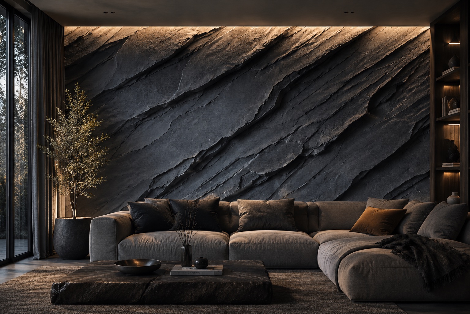 Simulation d'ambiance : mur de salon en ardoise feuilletée anthracite sculptée à la main, éclairage rasant