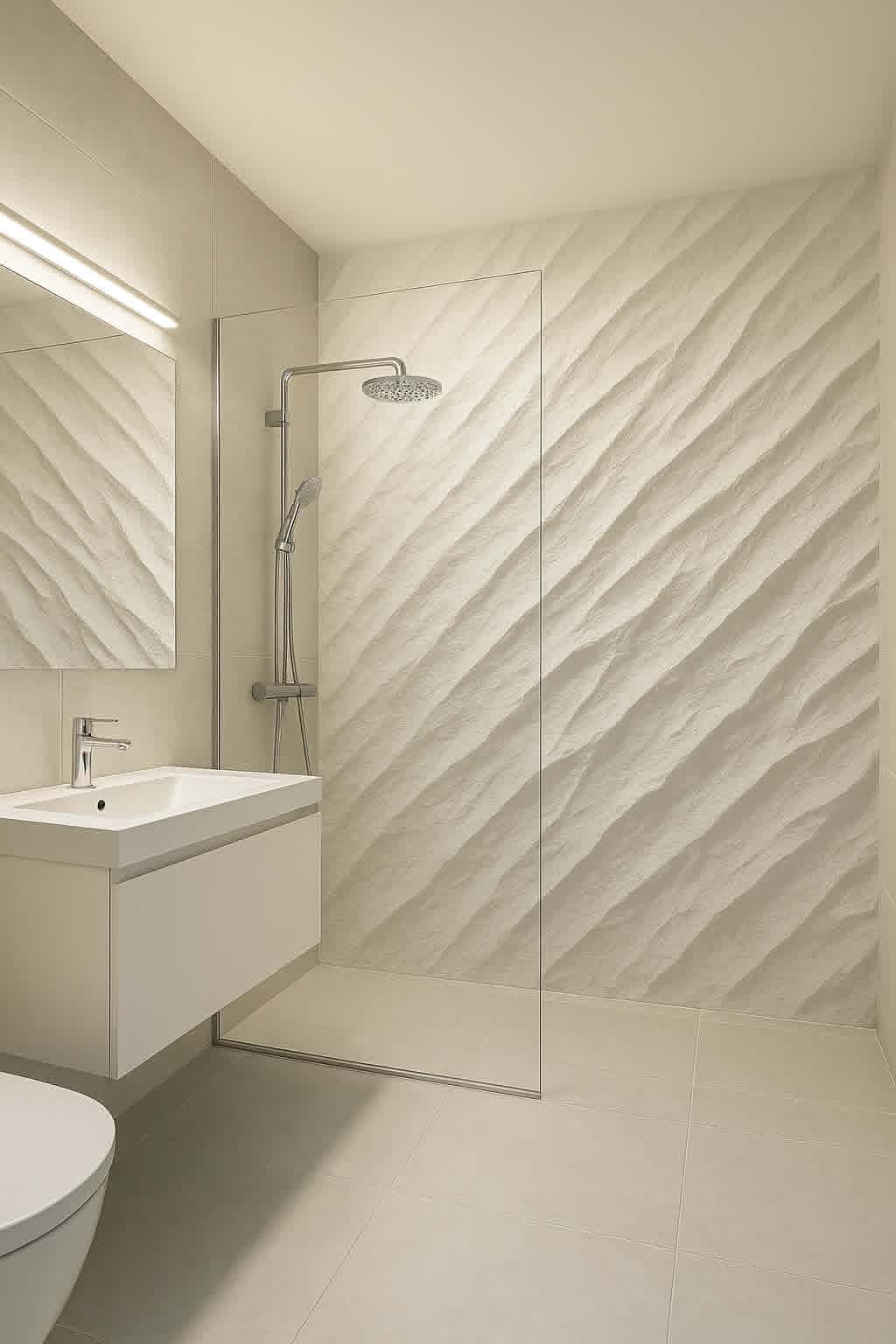 Simulation d'ambiance : mur de salle de bain en calcaire blanc sculpté à la main, relief en ravines