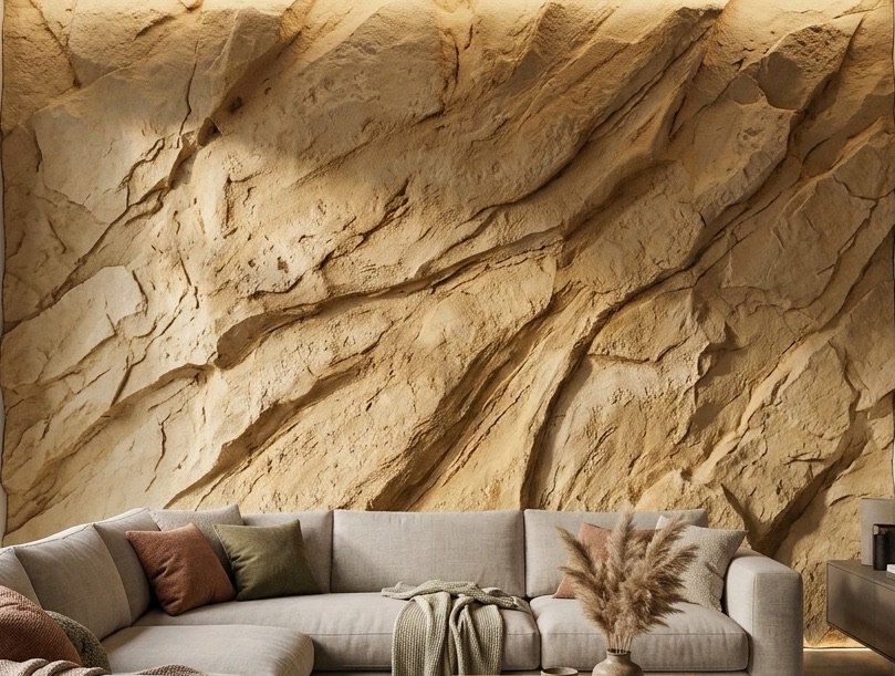 Simulation d'ambiance : mur de salon en grès blond sculpté à la main, relief en drapé derrière un canapé