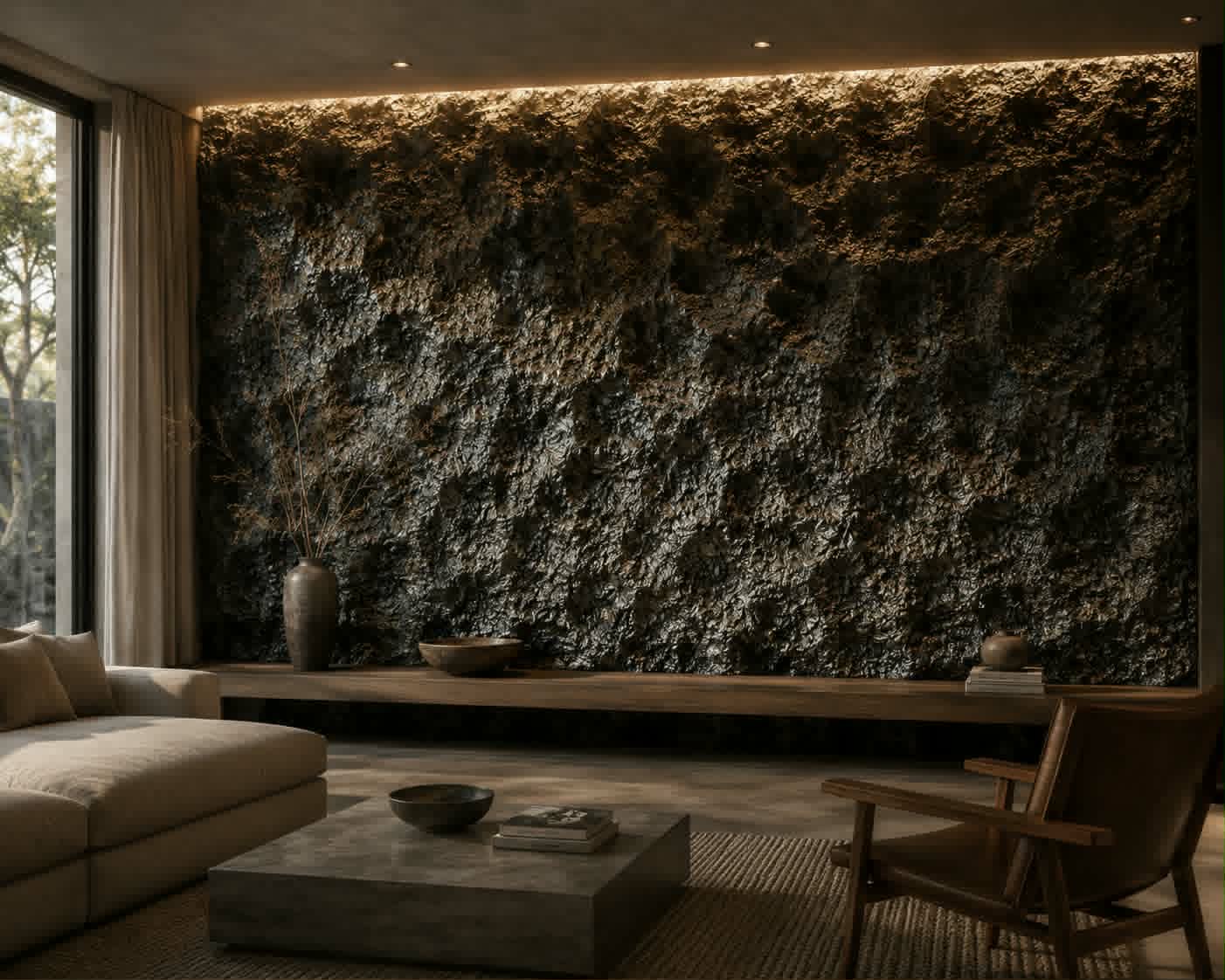 Simulation d'ambiance : mur de salon en effet météorite sculpté à la main, croûte grenue sous une corniche lumineuse