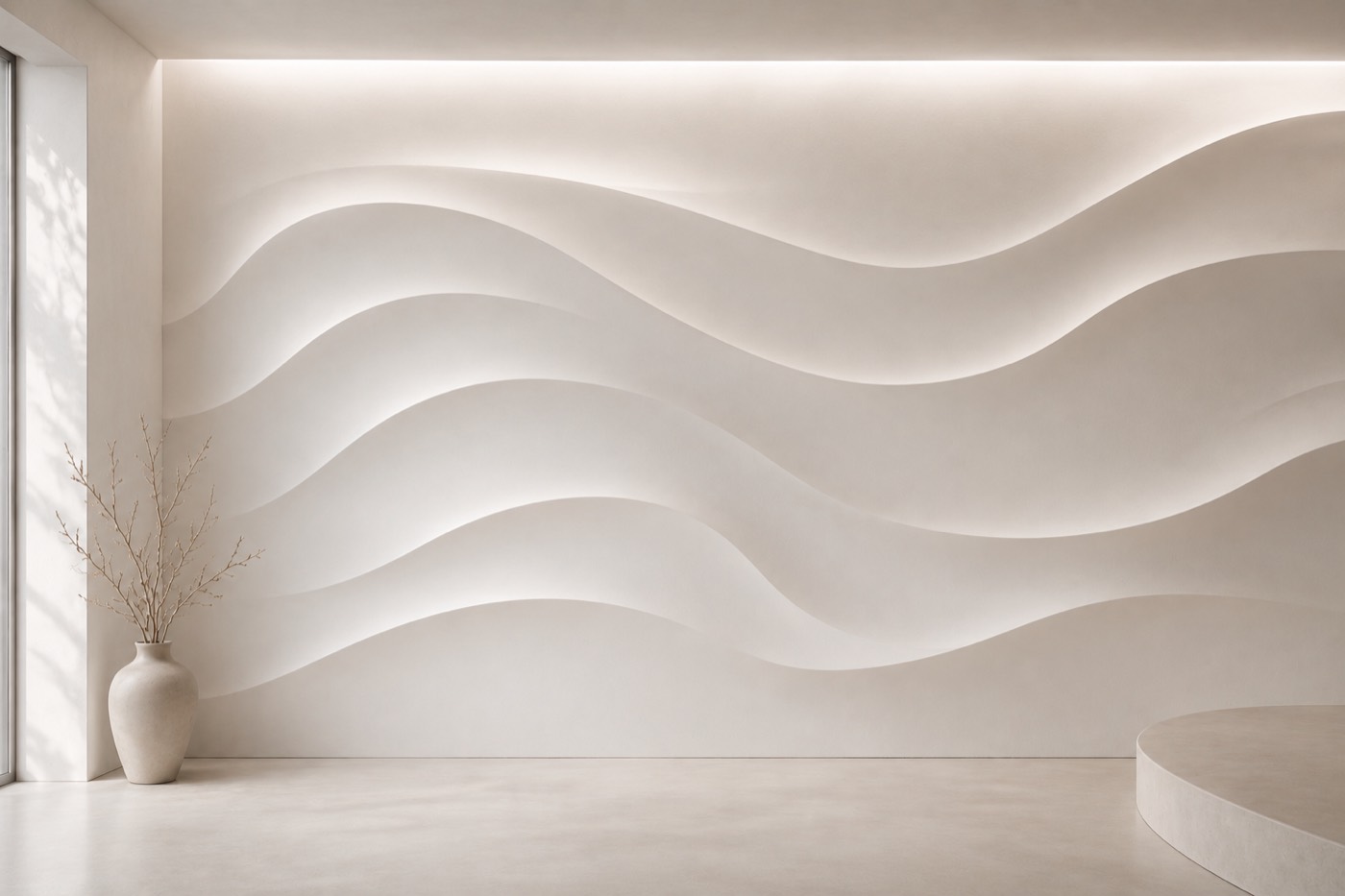 Simulation d'ambiance : mur sculpté en grandes ondulations dans une pièce claire