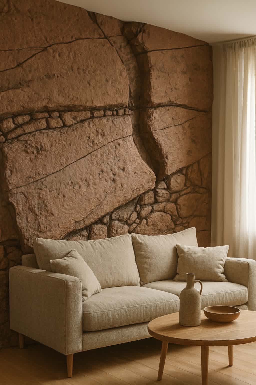 Simulation d'ambiance : mur de salon en roche fracturée brune sculptée à la main, grandes dalles et lits d'éboulis