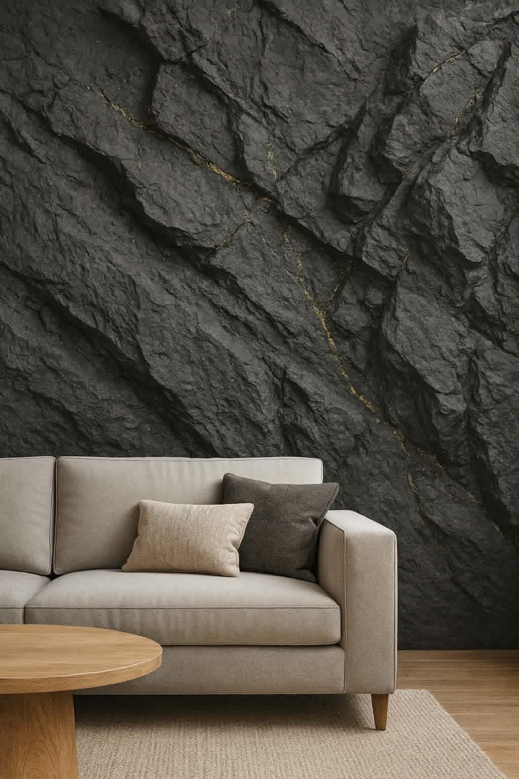 Simulation d'ambiance : mur de salon en roche noire veinée d'or sculptée à la main