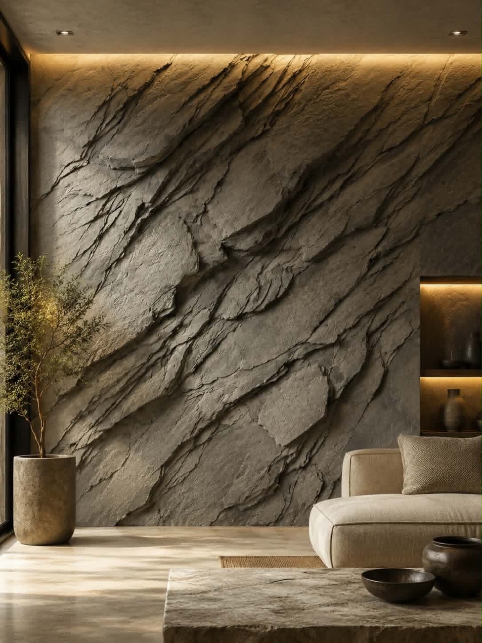 Simulation d'ambiance : mur en schiste gris sculpté à la main dans un salon, corniche lumineuse