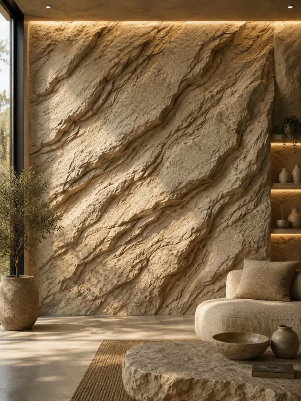 Simulation d'ambiance : mur en travertin sculpté à la main dans un salon, éclairage rasant